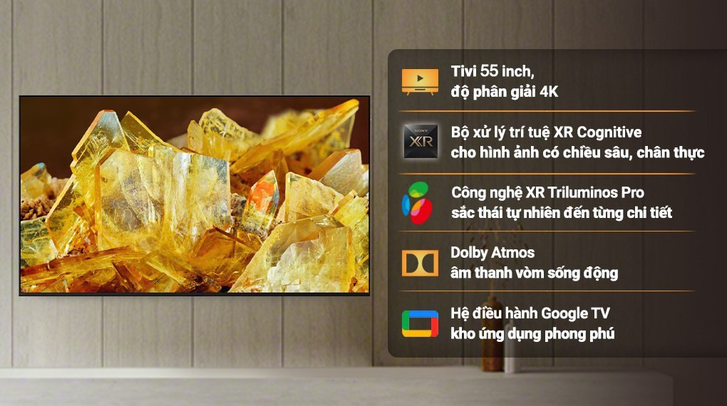 TV Sony 55-Inch 4K XR-55X90L 120Hz - Full Array LED; GoogleTV; Cognitive Processor XR; Acoustic Multi-Audio+ 2.2 30W; Chân Viền Hợp Kim Nhôm
