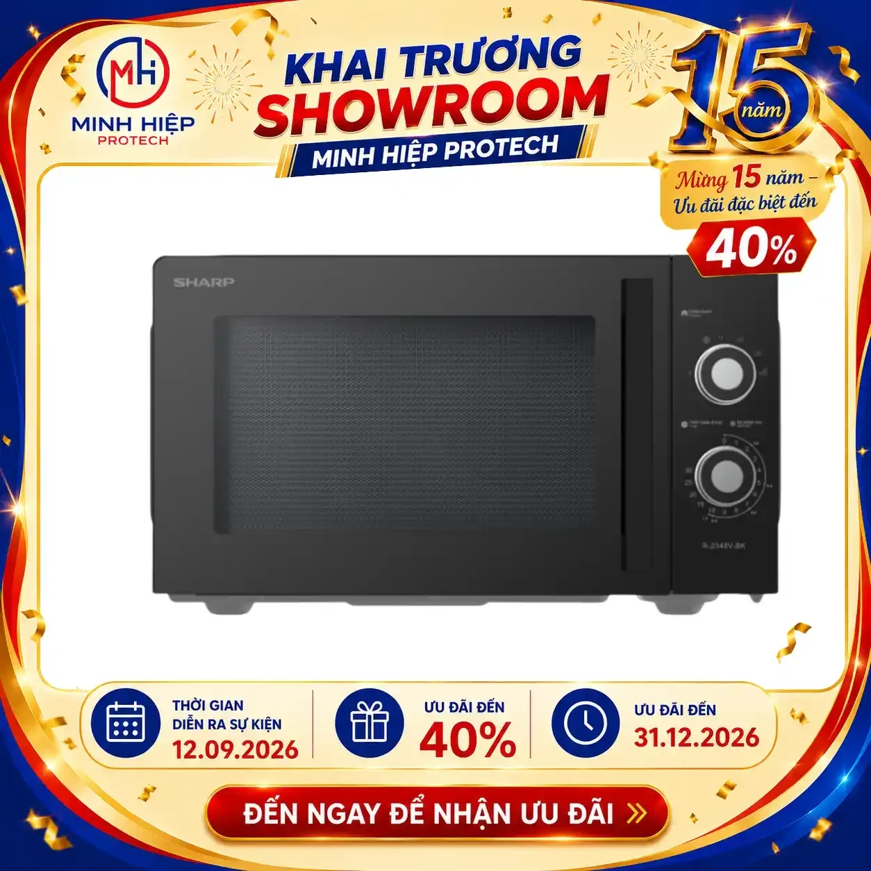 Lò vi sóng cơ Sharp 23 lít R-2348V-BK, 900W, 6 mức công suất, màu đen
