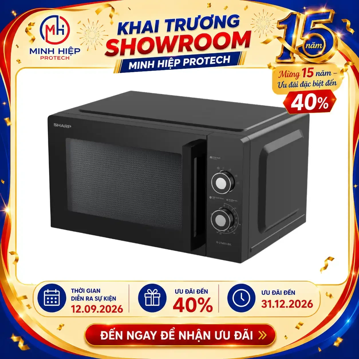 Lò vi sóng cơ Sharp 23 lít R-2348V-BK, 900W, 6 mức công suất, màu đen