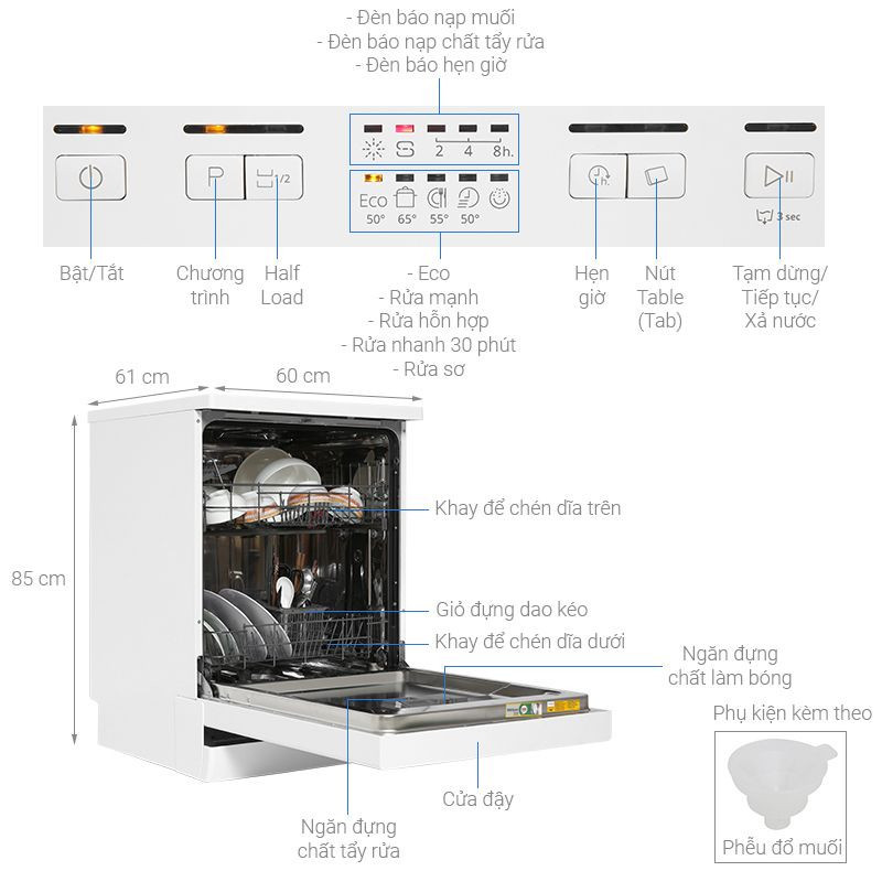 Máy rửa bát độc lập Whirlpool WFE2B19, 13 bộ Châu Âu, NaturalDry