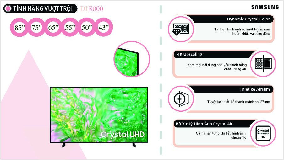 TV Samsung 65-inch DU8000 - 4K, chip Crystal 4K, Dynamic Crystal Color, AirSlim 27mm ( Model 2024 - NEW)